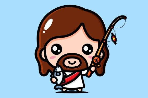 Download Cute Jesus Holding Fish and Fishing Rod - Fish Collection