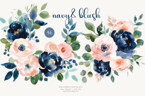 Download Navy Blush Floral Bouquets Wreaths Set - Wreaths Collection